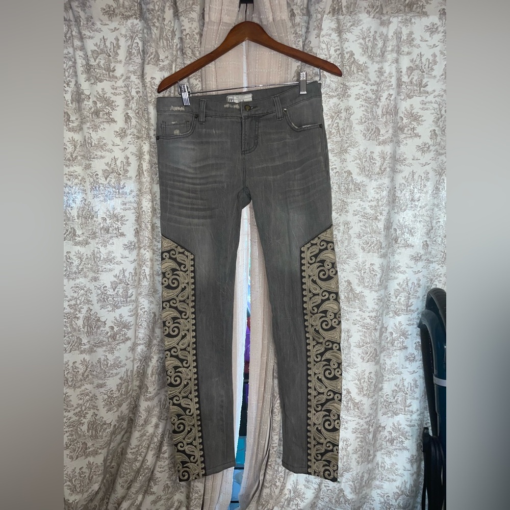 Free people stylish Gray Jeans with Intricate Pattern embroidered